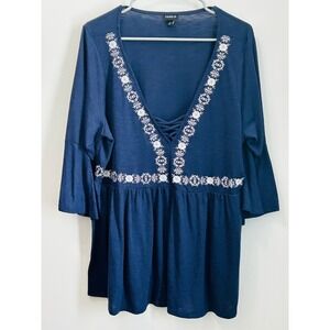 Torrid Blue Embroidered Lace Up V-Neck 3/4 Sleeve Babydoll Top